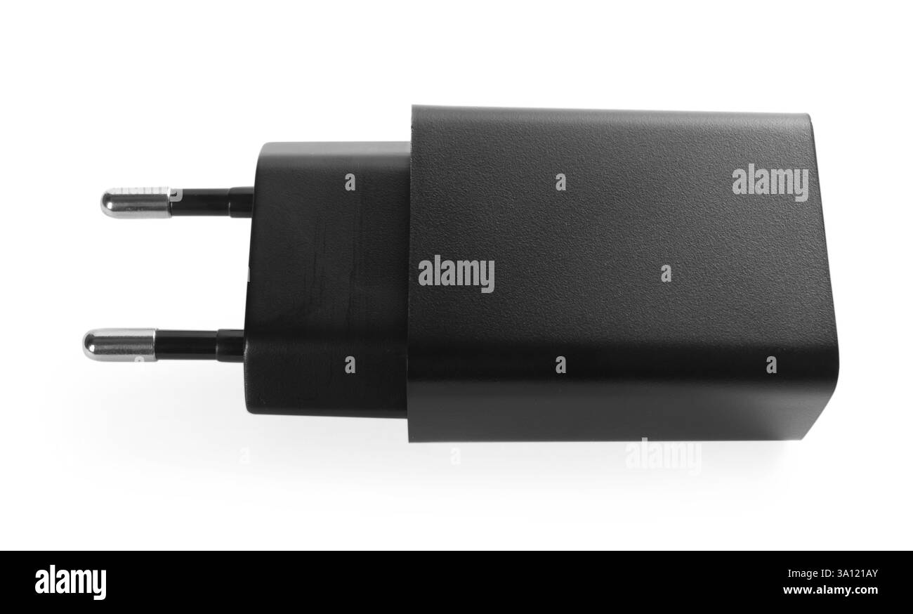 Adattatore di alimentazione USB (caricabatterie) isolato su bianco, vista dall'alto Foto Stock