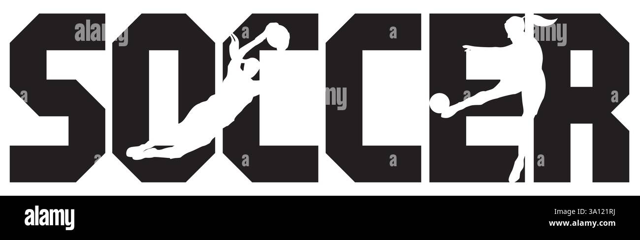 Parola da calcio con silhouette femminili. Portiere donna che cattura palla e attaccante donna che calci palla. Illustrazione Vettoriale