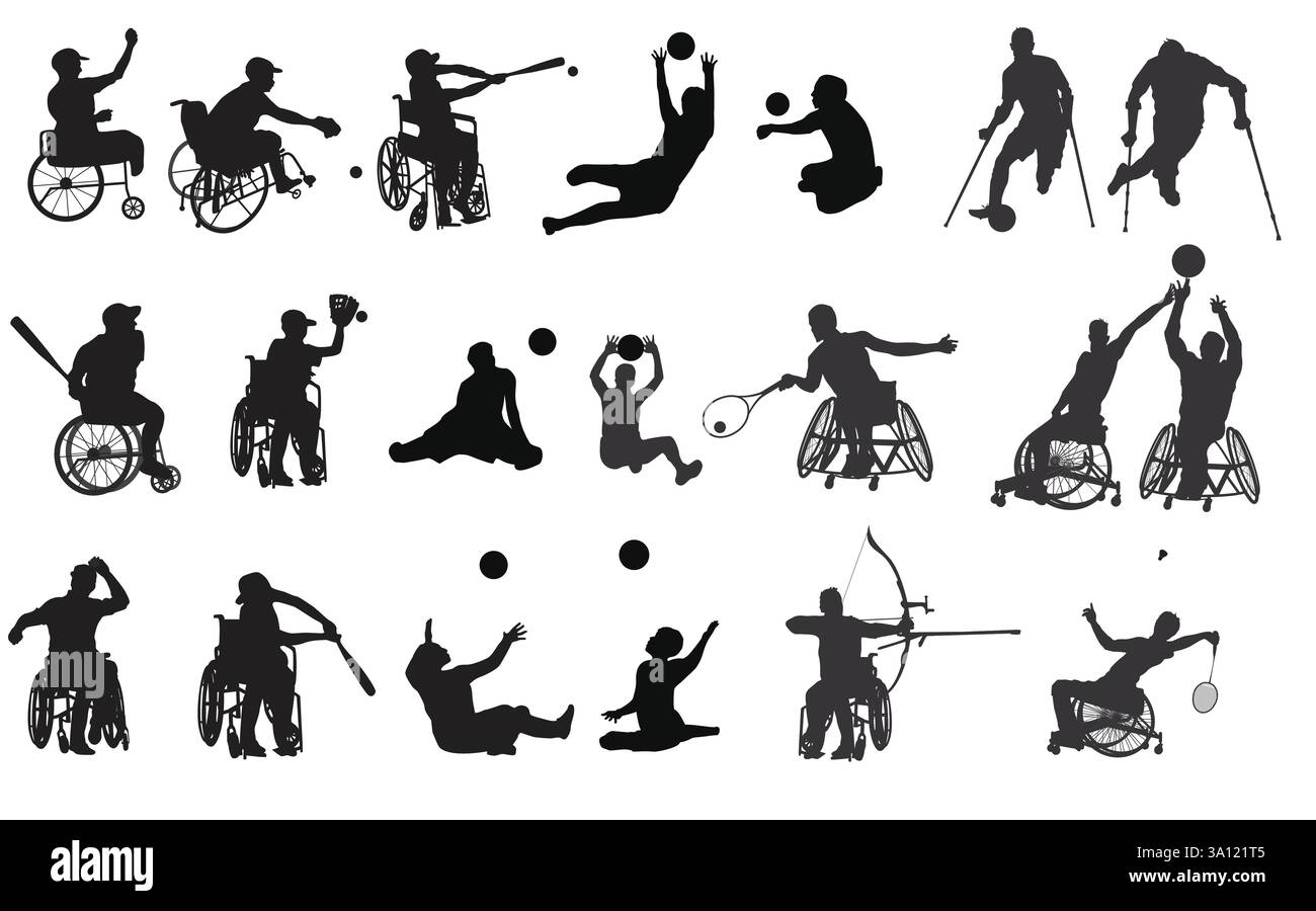 Set di 20 atleti maschi con disabilità vol.1. Ritaglio icone piene. Uomo giocatore sportivo silhouette illustrazione vettoriale. Illustrazione Vettoriale
