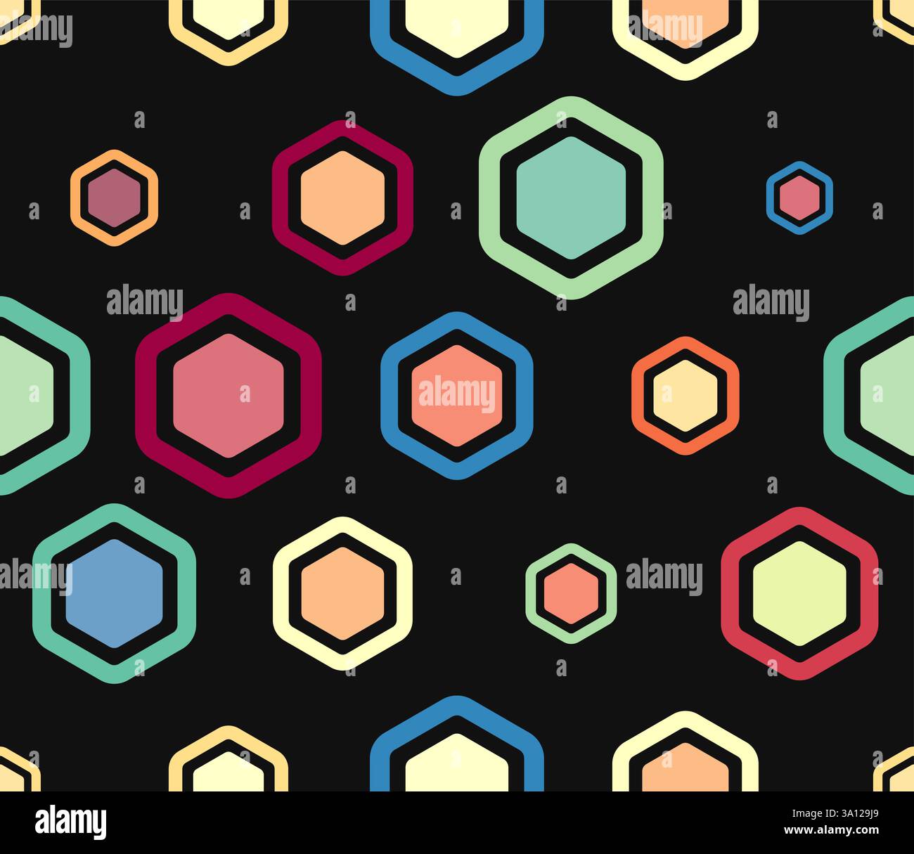 Sfondo geometrico della mesh. Elementi geometrici multicolori di varie dimensioni. Celle esagonali arrotondate in grassetto con imbottitura e celle solide interne. Illustrazione Vettoriale