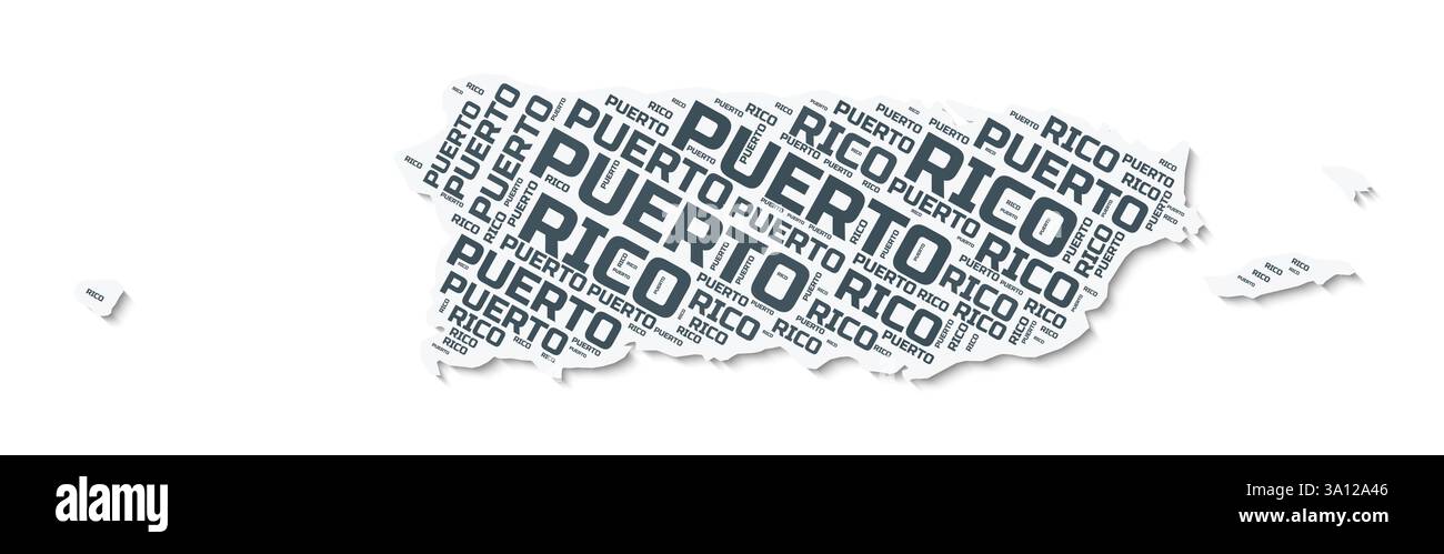 Nuvola di testo a forma di Porto Rico. Confine del paese con ombra su sfondo bianco. Porto Rico con divisione regionale in stile vintage gazette. Illustrazione Vettoriale