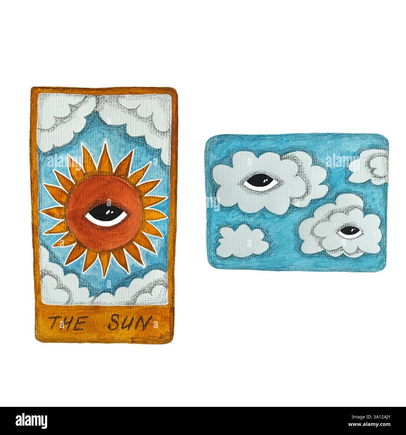 Carta artistica isolata ispirata ai Tarocchi ad acquerello dipinta a mano con il simbolo del sole su sfondo bianco per progetti creativi e spirituali, Sun with All Foto Stock