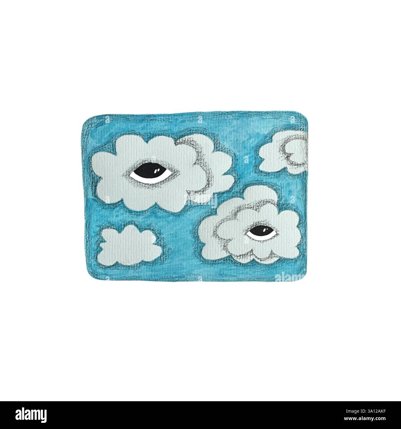 Cielo blu e nuvole, luce solare nel cielo, carta artistica isolata e dipinta a mano ispirata ai Tarocchi ad acquerello con cielo e nuvole su sfondo bianco per Foto Stock