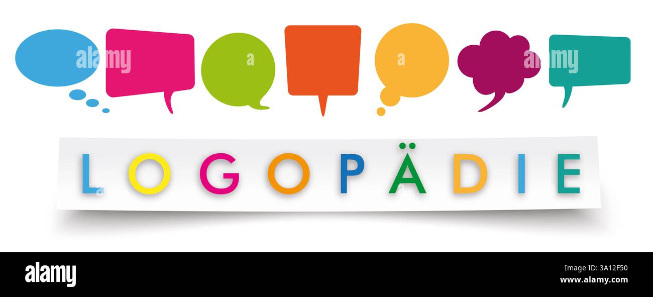 Banner in carta Logopedie bollicine colorate testo tedesco Logopedie, Translate Logopedics. Foto Stock