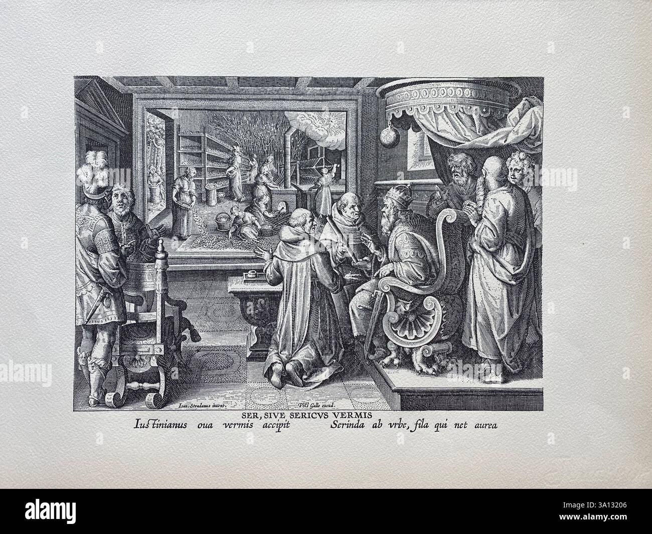 Nova Reperta: Scoperta della seta (SER, sive Sericus Vermis). SER, sive Sericus Vermis, Tafel 9 aus 'Nova Reperta', graviert von Philip Galle, ca. 1580 Foto Stock