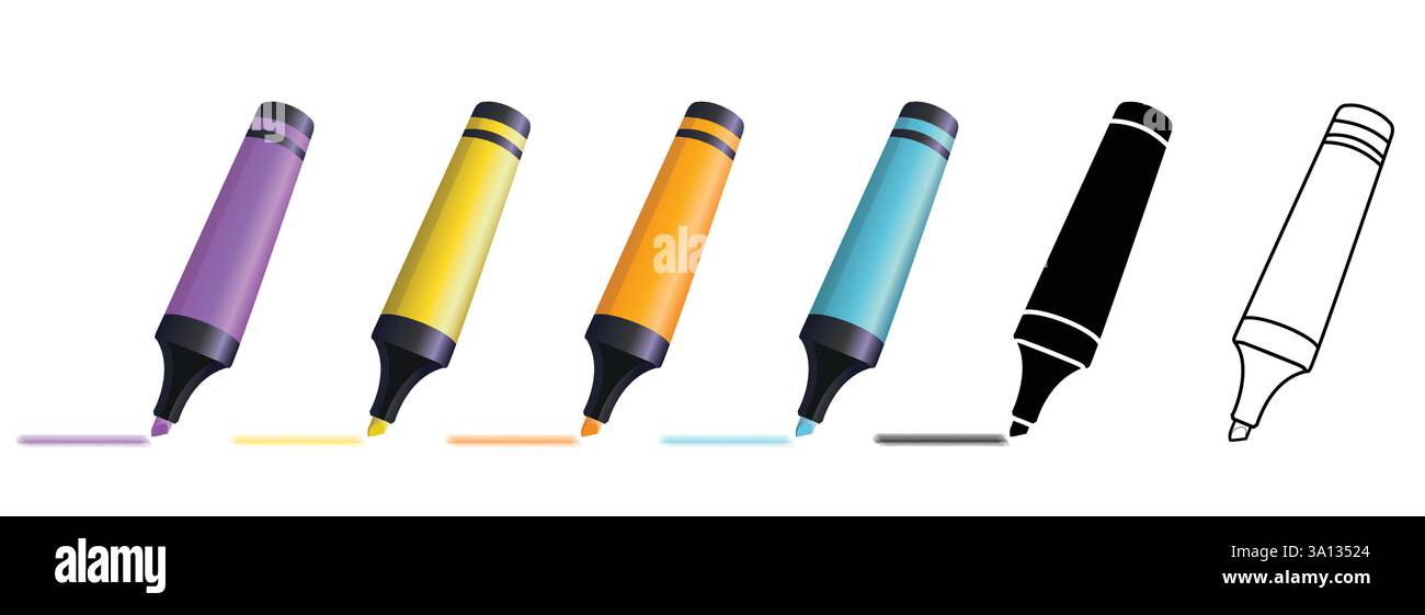 pennarelli evidenziatori per contrassegnare le note in viola, giallo, arancione e blu con un glifo nero e un'icona a forma di linea. Illustrazione Vettoriale