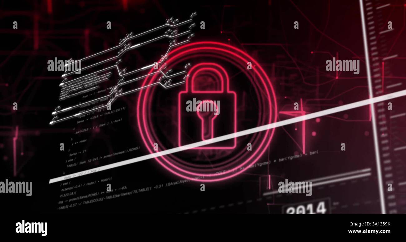Immagine dell'icona del lucchetto sull'elaborazione dei dati su sfondo nero Foto Stock