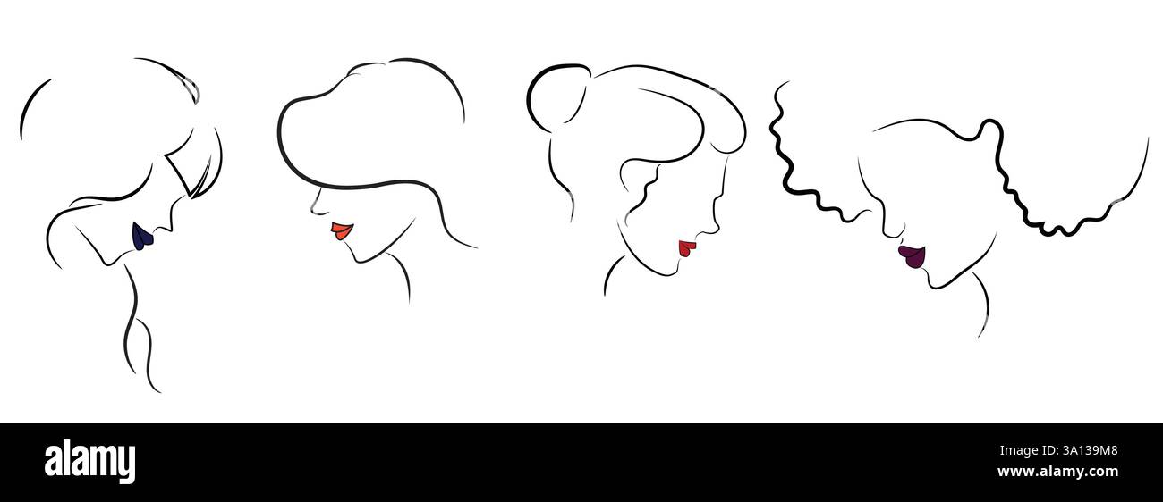 disegno semplice e minimalista di belle donne. Illustrazione vettoriale astratta di volti e capelli femminili, contorno Illustrazione Vettoriale