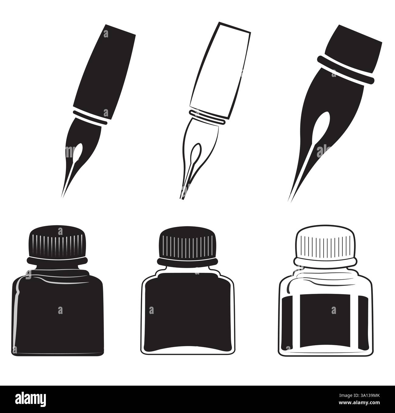 set di icone nere isolate di pennini e flaconi di inchiostro. Illustrazione vettoriale per arte, disegno, calligrafia. Clip art Illustrazione Vettoriale