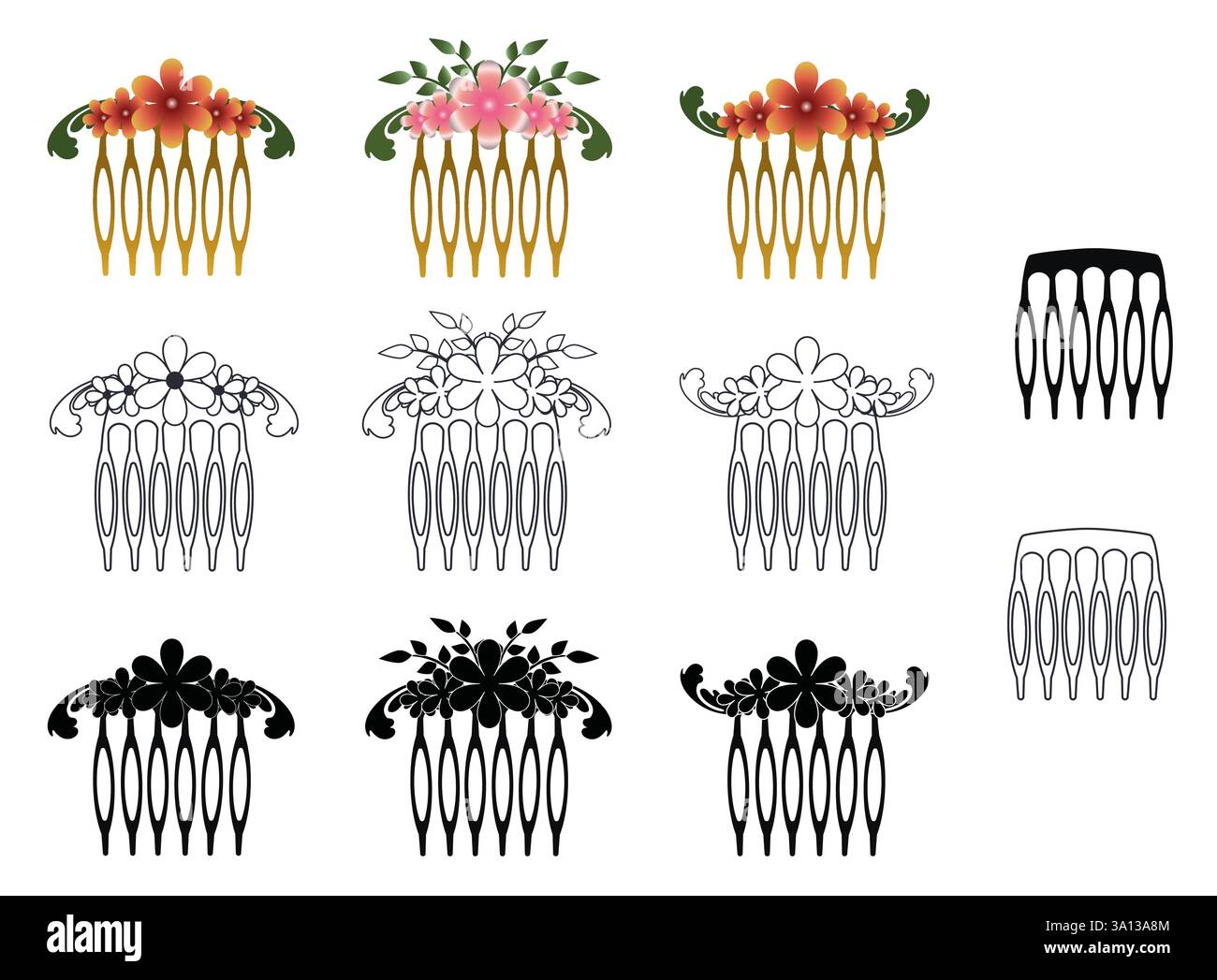 Set di icone a forma di pettine per capelli floreali con colori, silhouette e stile di disegno. Illustrazione vettoriale accessori grafici per capelli islotati su sfondo bianco. Illustrazione Vettoriale