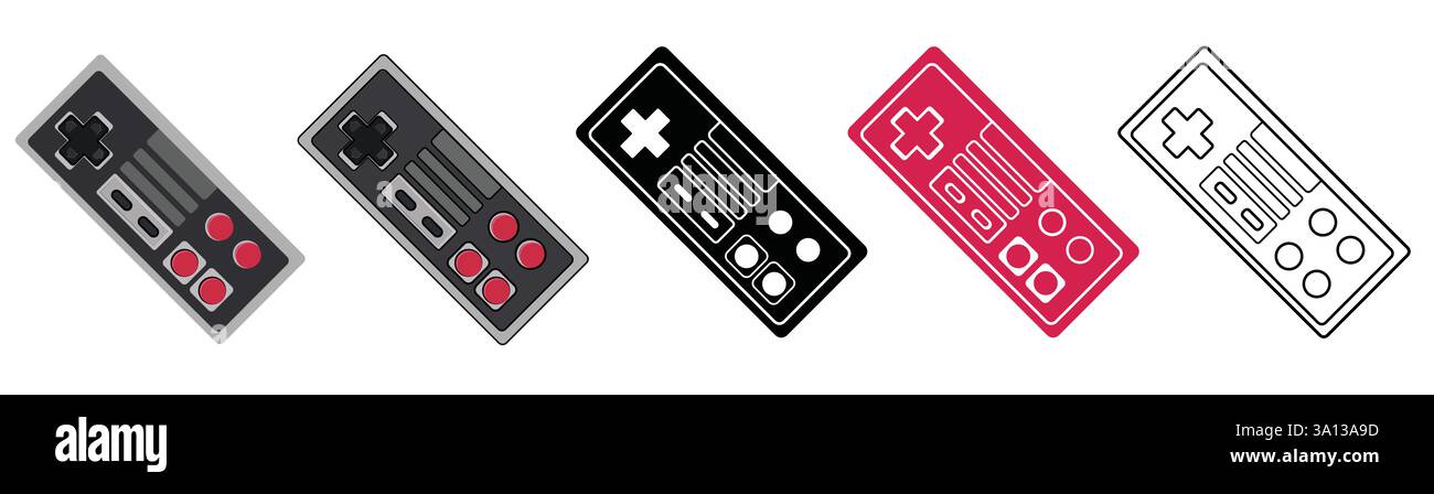 controller del sistema di intrattenimento isolato su sfondo bianco a colori, disegno linee e silhouette solida. Illustrazione vettoriale per uso grafico. Illustrazione Vettoriale