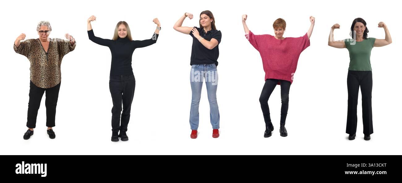 gruppo di donne che mostrano bicipiti su sfondo bianco Foto Stock