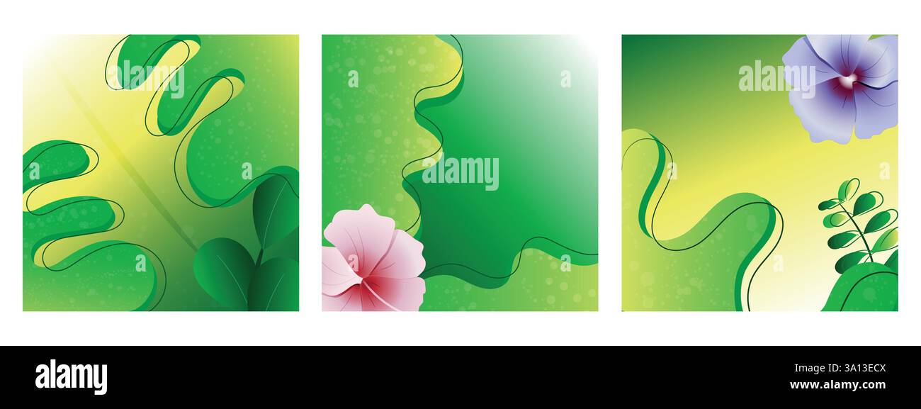 Striscioni, poster o copertine con foglie tropicali astratte e tipografia. Progettare modelli per branding, pubblicità ed eventi. Illustrazione Vettoriale