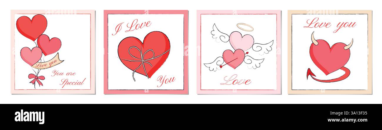 Set di carte disegnate a mano per San Valentino. Disegni di illustrazioni vettoriali con cuori rosso, bianco, giallo e rosa. Poster, scheda, opuscolo, Social Media Illustrazione Vettoriale