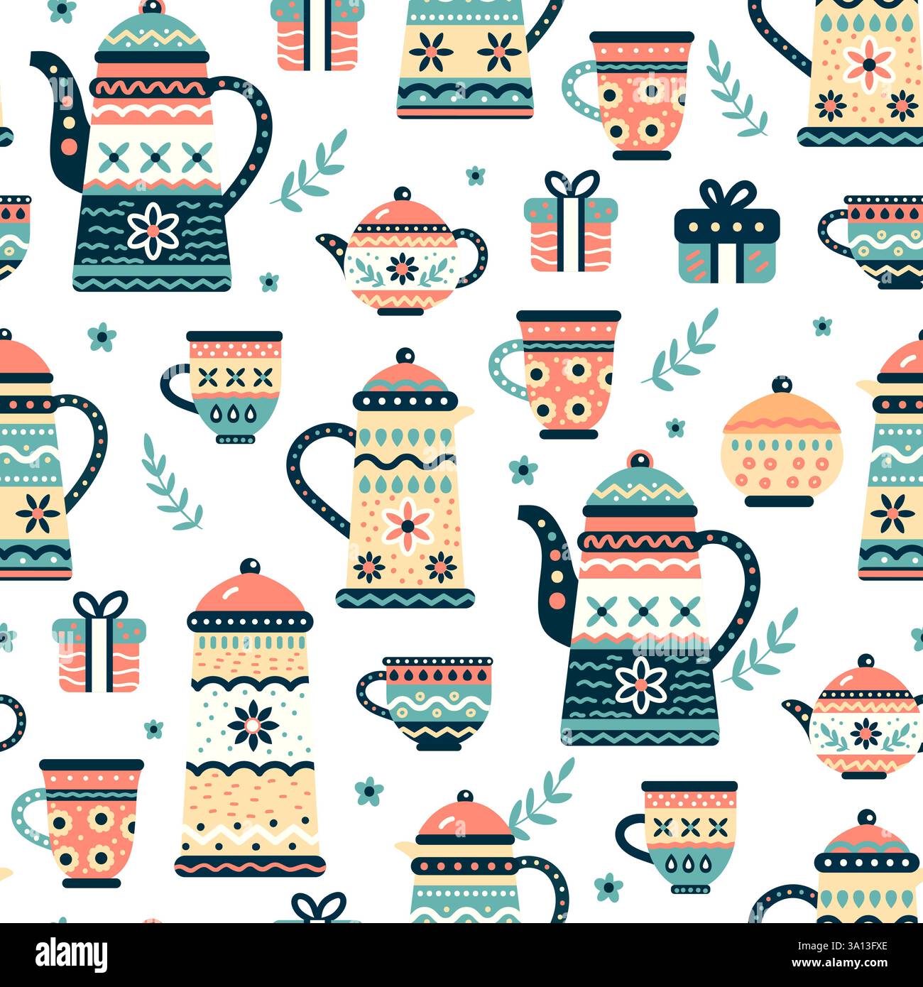 Colorato motivo vettoriale senza cuciture con teiere, tazze e confezioni regalo decorative in stile Folk Art con elementi floreali Illustrazione Vettoriale