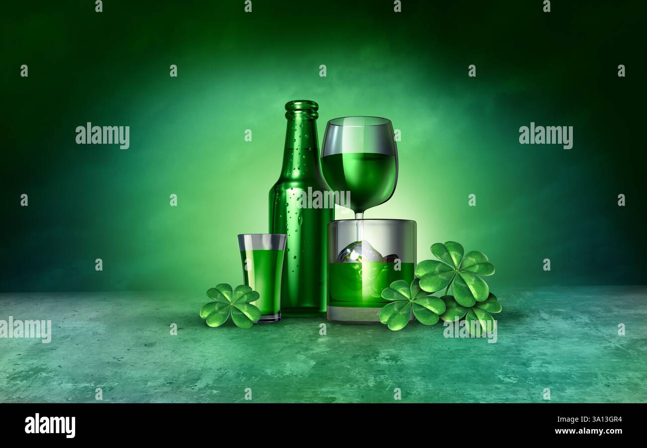 Il giorno di Saint Patricks bevande verdi come simbolo della giornata di San Patrizio e icona della fortuna della celebrazione della tradizione irlandese dei pub con un magico clo a quattro foglie Foto Stock