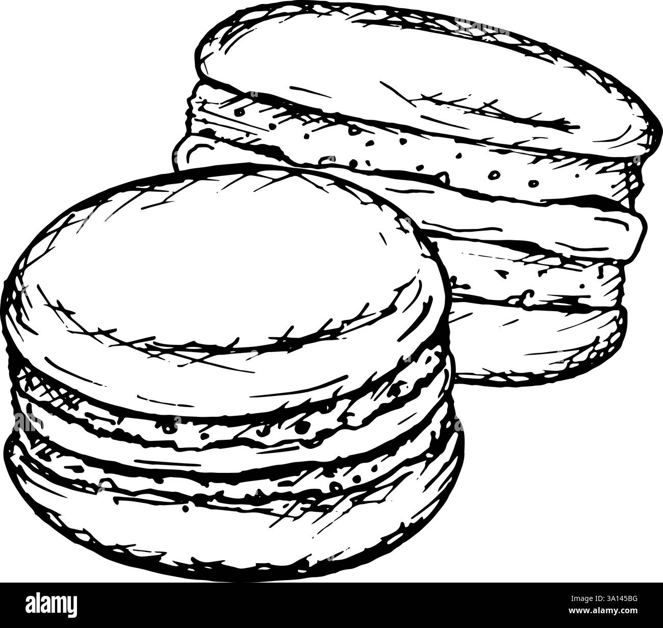 Illustrazione monocromatica di due macaron, disegnati con uno stile dettagliato. Ideale per pasticceria, prodotti da forno, menu design, San Valentino o. Illustrazione Vettoriale