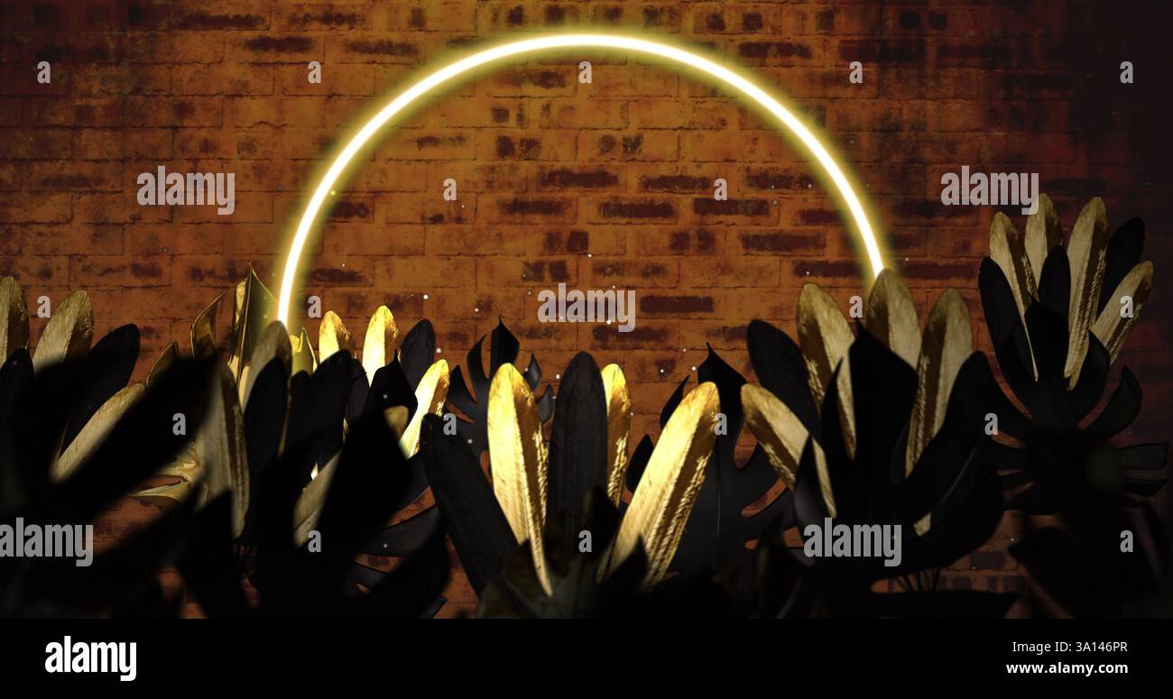 Immagine del cerchio al neon e delle foglie sullo sfondo dei mattoni Foto Stock