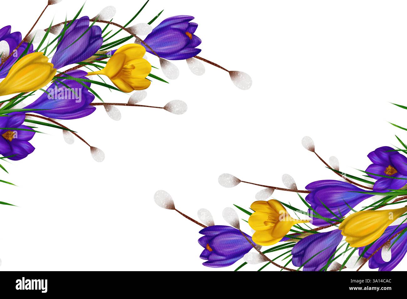 Cornice rettangolare orizzontale, striscione, con croci gialli e viola, rami verdi Foto Stock