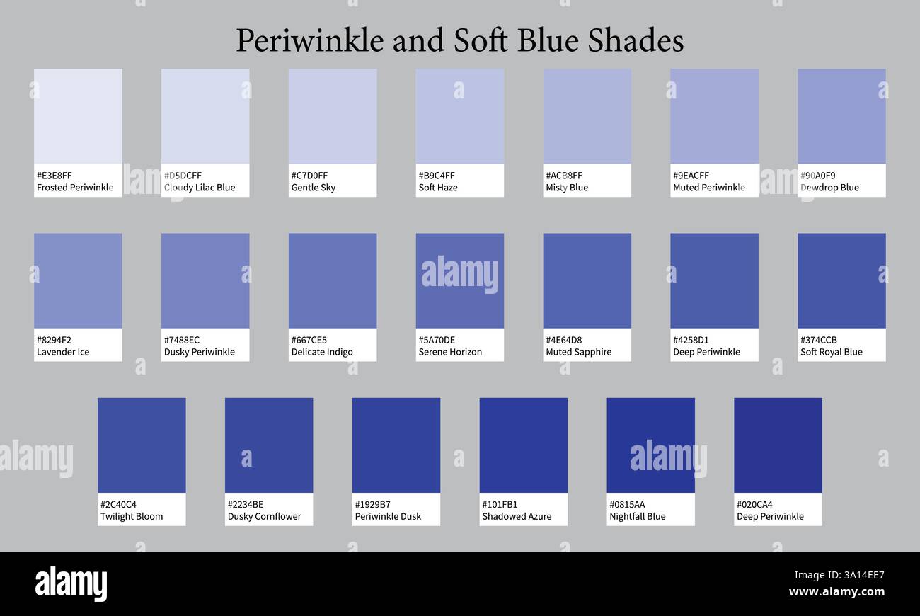 Tavolozza dei colori 20 sfumature di Periwinkle e Soft Blues - colori freddi, sognanti, nebbiosi - con codici e nomi ESADECIMALI, campioni di colore e combinazioni Illustrazione Vettoriale