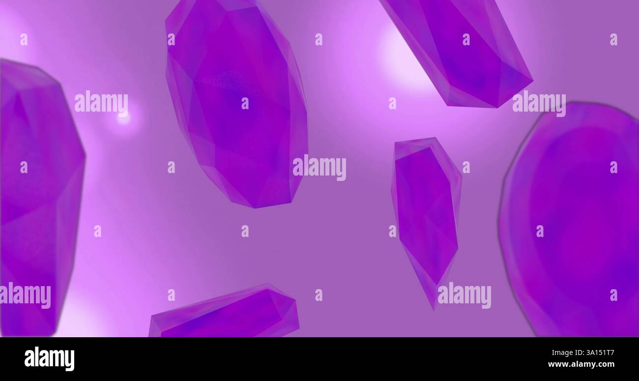 Forme geometriche viola immagine fluttuante e astratta su sfondo viola chiaro Foto Stock