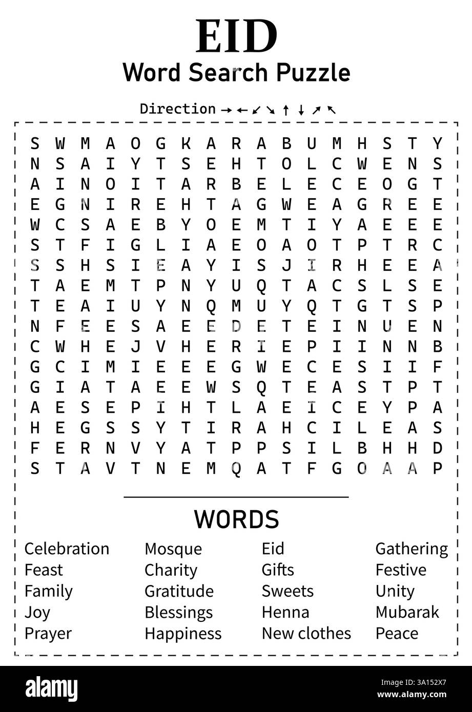 Ricerca parole EID 17x17 gioco puzzle per bambini, ragazzi e adulti - pagina attività difficile, divertente e didattica con parole nascoste Illustrazione Vettoriale