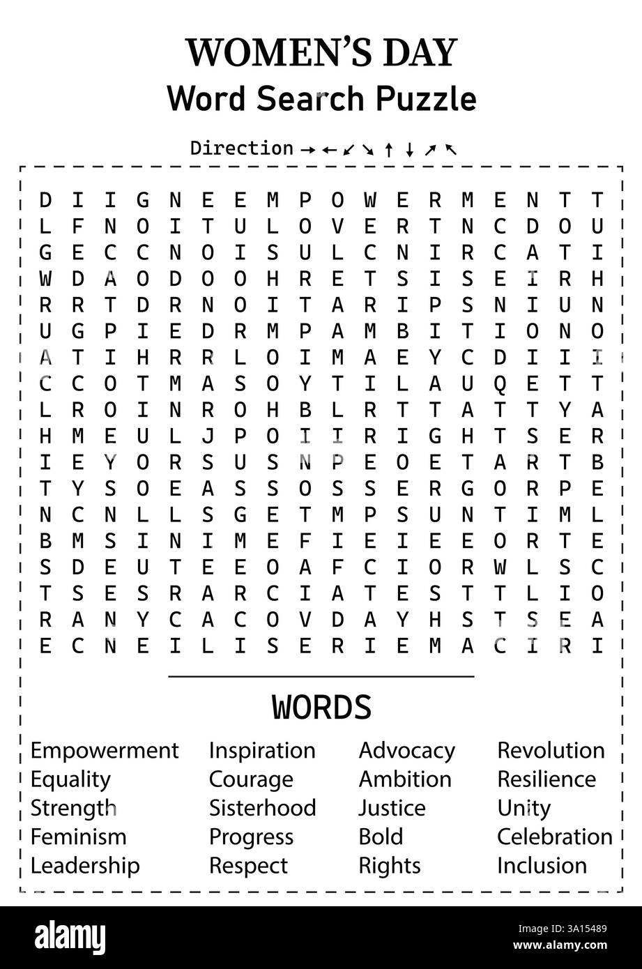 Giornata internazionale della donna ricerca di parole 17x17 Puzzle Game per bambini, ragazzi e adulti - pagina attività difficile, divertente e educativa con parole nascoste Illustrazione Vettoriale
