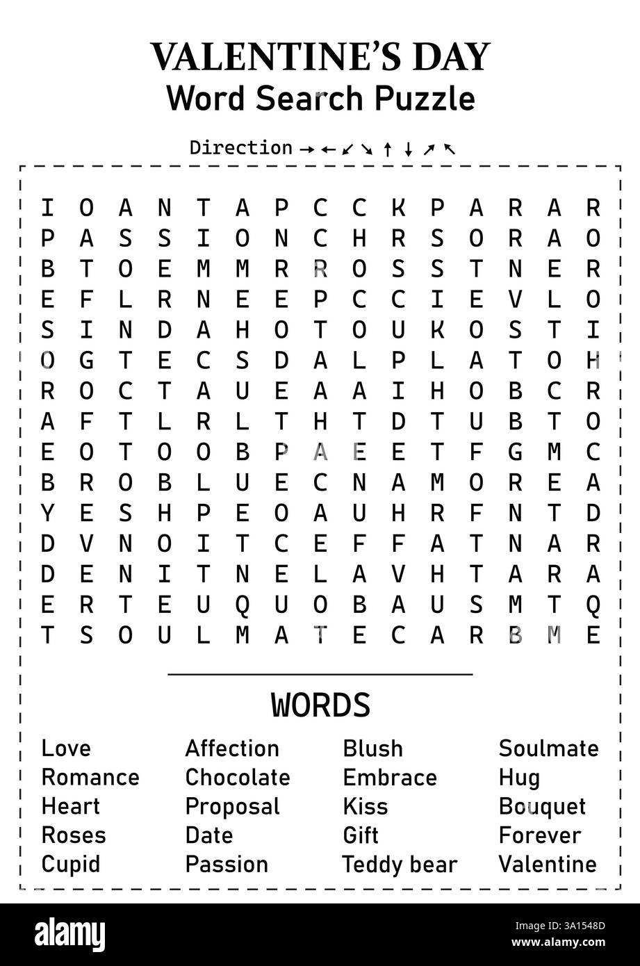 Ricerca parola di San Valentino 15x15 gioco di puzzle per bambini, ragazzi e adulti - pagina attività difficile, divertente e didattica con parole nascoste Illustrazione Vettoriale