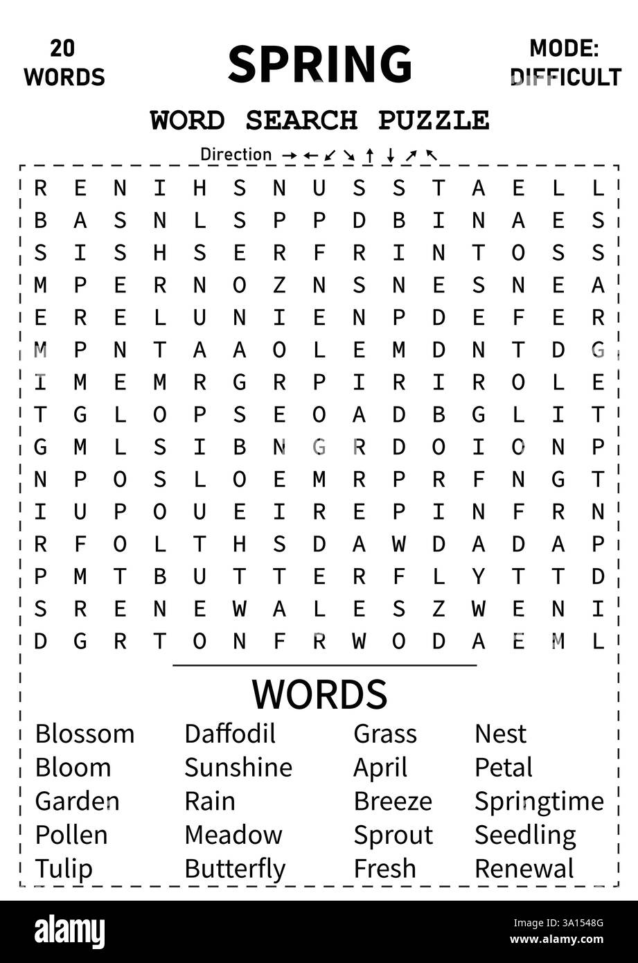 Stimolante puzzle di ricerca per parole primaverili per bambini, ragazzi e adulti 15x15 divertimento in griglia e attività coinvolgente per tutte le età per godersi i temi primaverili Illustrazione Vettoriale