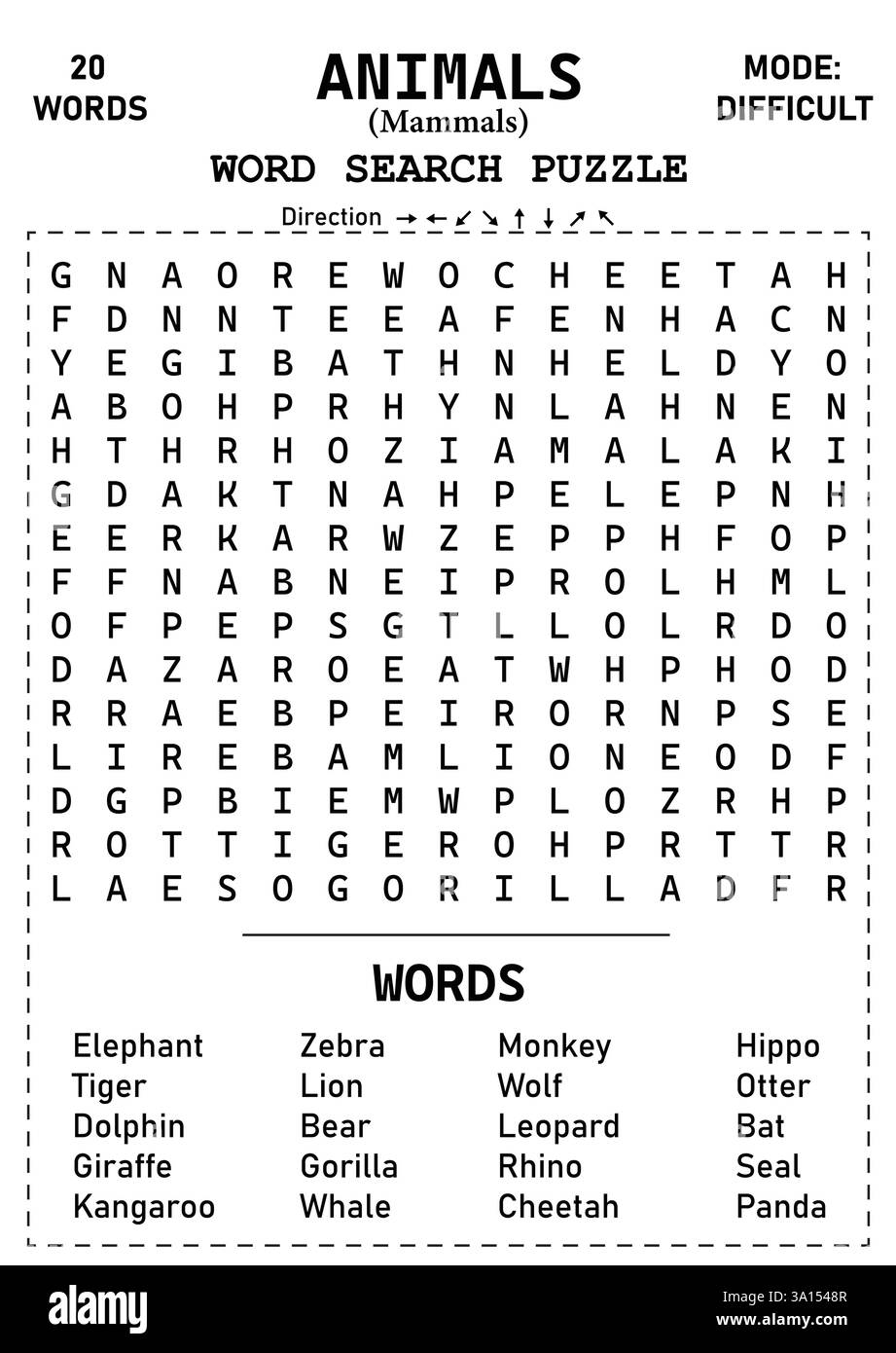 Emozionante e stimolante puzzle di ricerca per parole di animali 15x15 con mammiferi Un rompicapo perfetto per bambini, ragazzi e adulti per mettere alla prova le loro abilità Illustrazione Vettoriale