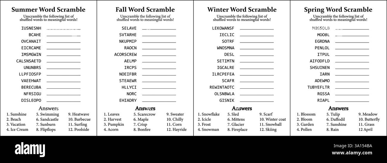 All Seasons Word Scramble and Puzzle, divertente gioco educativo per bambini, ragazzi e adulti Illustrazione Vettoriale