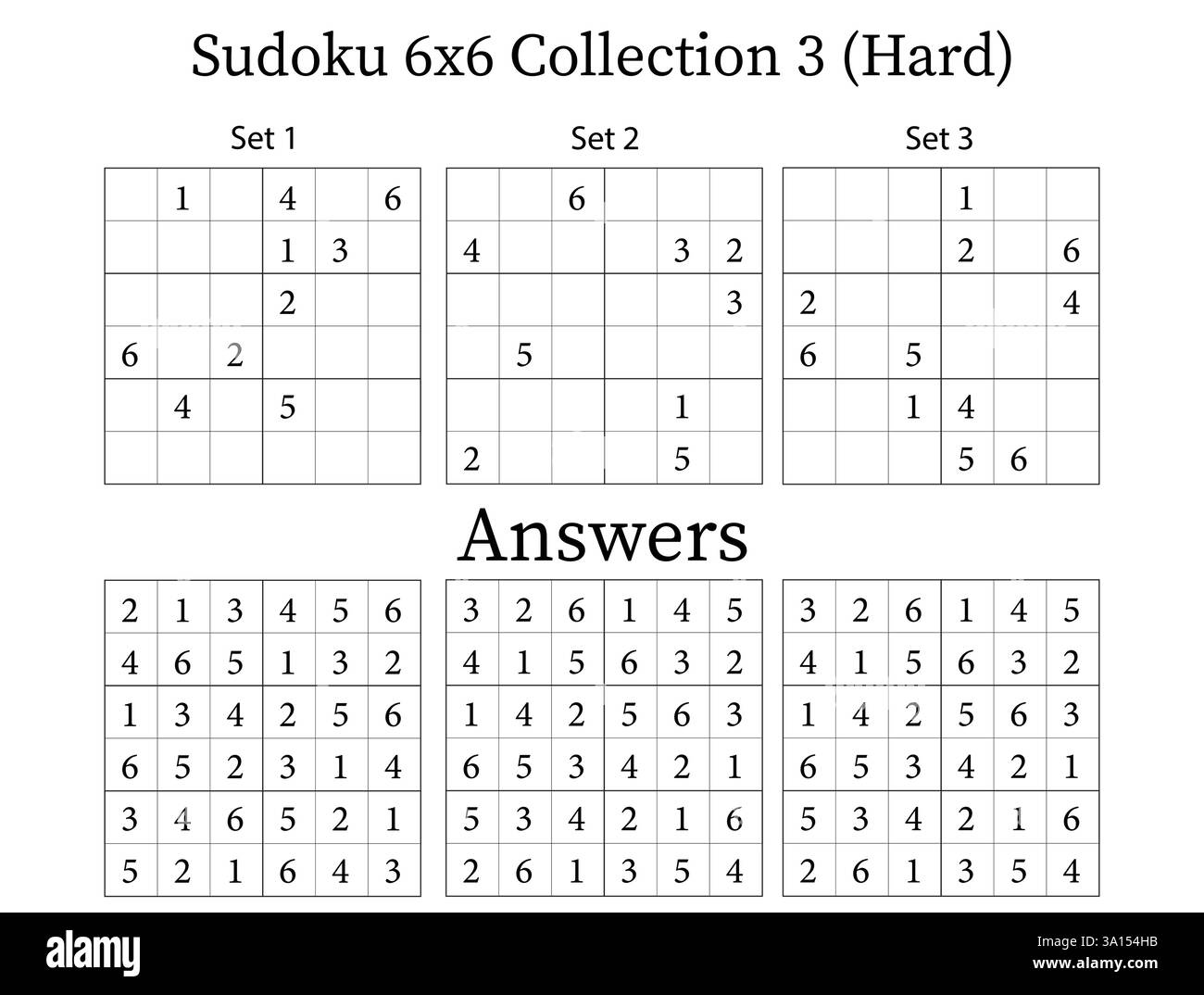 Sudoku Puzzle 6x6 Collezione 3 difficile con risposte, divertente gioco di allenamento cerebrale per bambini, adolescenti e adulti, Vector Illustrazione Vettoriale