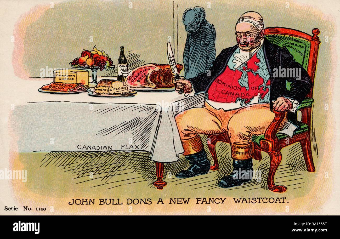 John Bull seduto al tavolo con cibo, abbigliamento e sedia dal Canada, circa 1907 cartoline. artista non identificato Foto Stock
