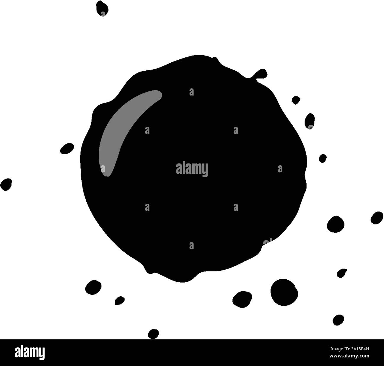 Immagine vettoriale dinamica di un inchiostro nero spruzzato con goccioline sparse, che mostra un contrasto audace e un movimento fluido Illustrazione Vettoriale