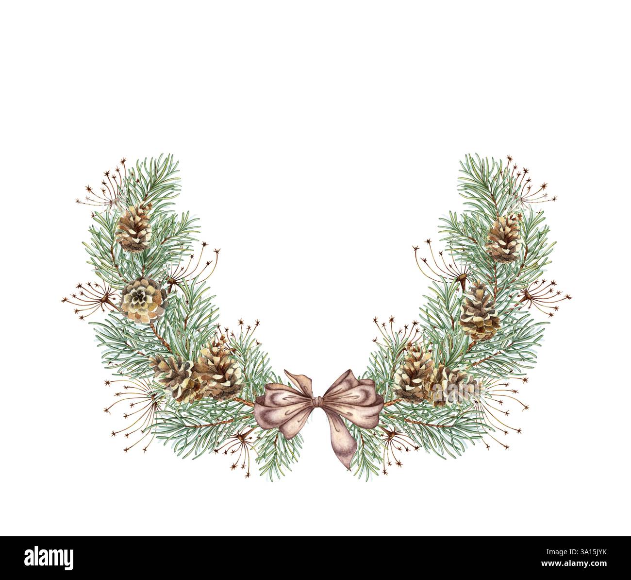 Rami di abete, con arco marrone, coni di pino e erba. Illustrazione ad acquerello della corona di Natale e Capodanno. Telaio rotondo, confine con le piante invernali è Foto Stock