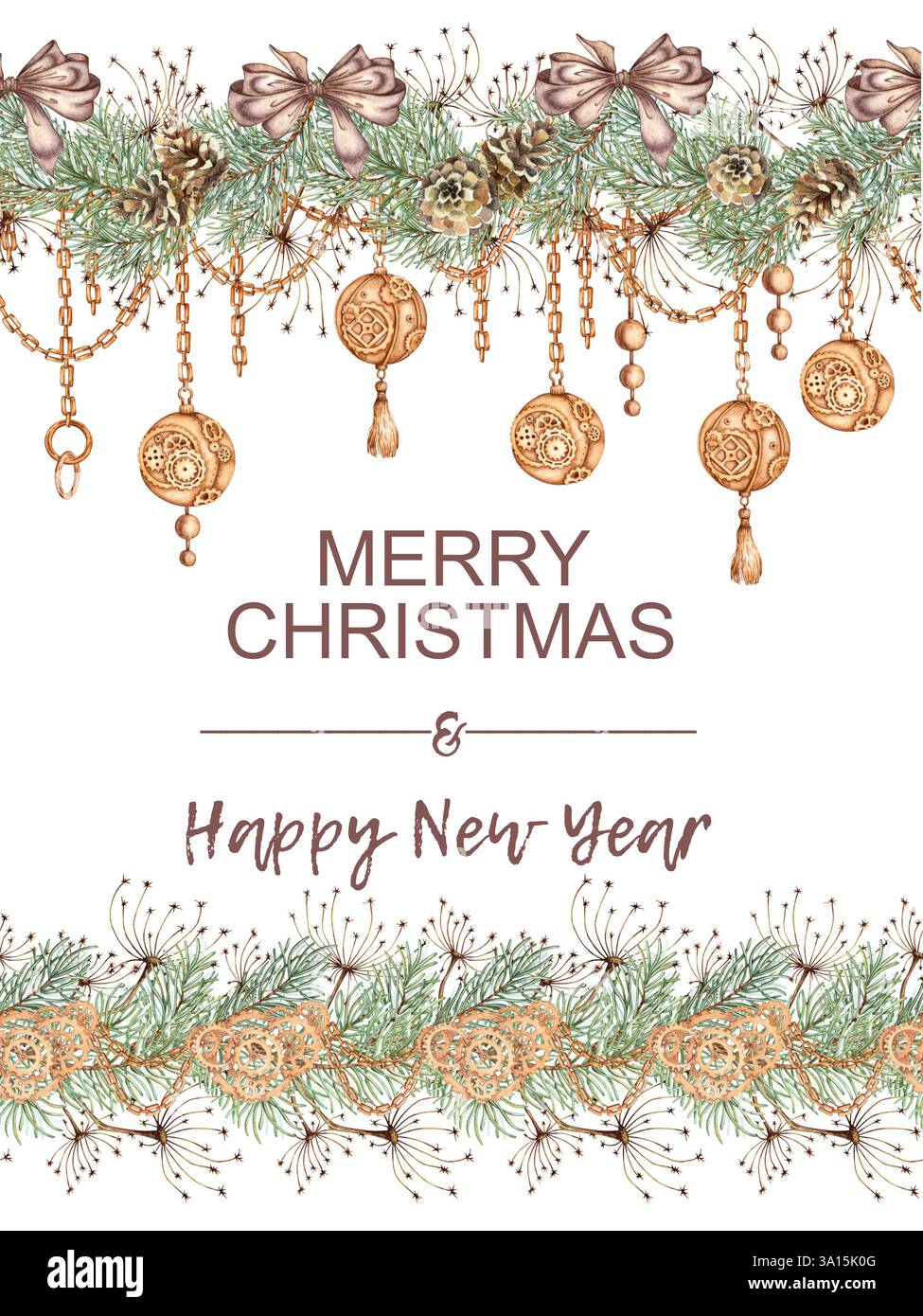 Rami di abete, erba, coni, palle, catene e fiocchi per Capodanno e Natale sono disegnati a mano. Piante forestali per decorazioni invernali Foto Stock