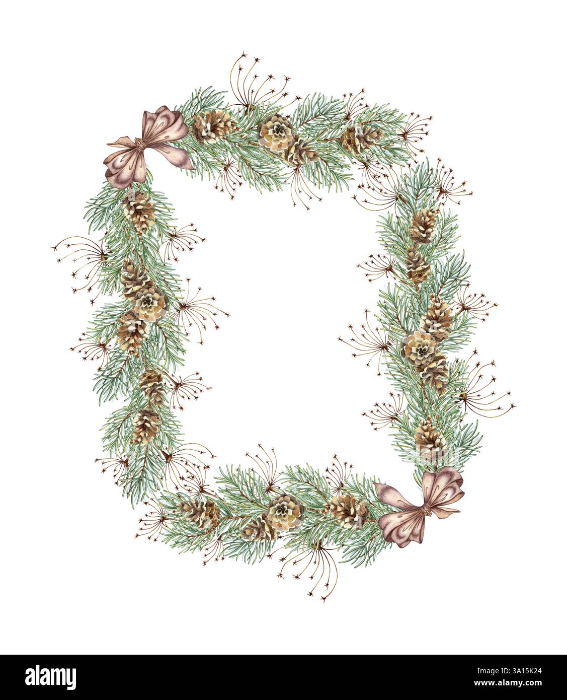 Illustrazione dei rami di abete, dell'erba, dei coni di pino e dell'acquerello di prua marrone. Piante forestali per l'inverno, Natale e Capodanno. Isolato dal bac Foto Stock