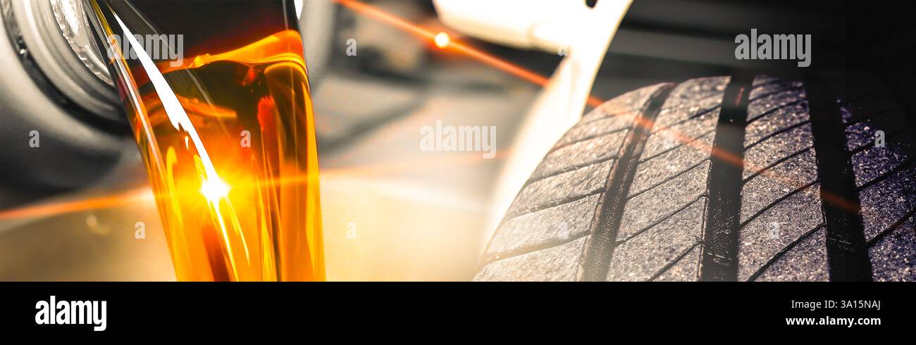 Primo piano di olio motore o olio motore e battistrada pneumatici con luce parassita , doppia esposizione , concetto di manutenzione auto Foto Stock