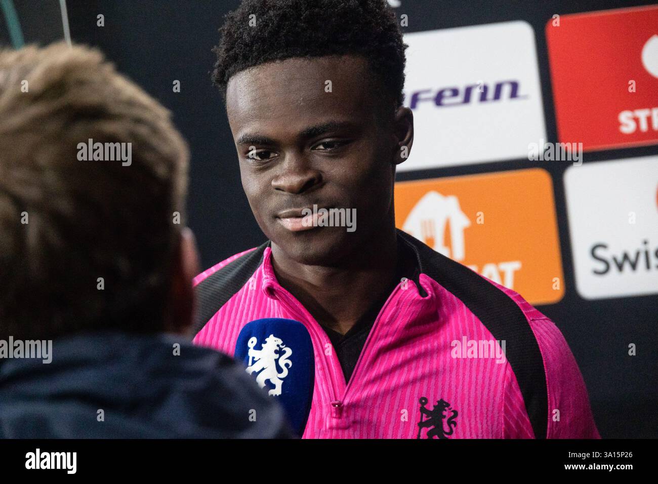 Copenaghen, Danimarca. 6 marzo 2025. Tyrique George del Chelsea FC parla ai media dopo la†partita del turno di 16 della UEFA Conference League 2024/25 tra il FC Copenhagen e il Chelsea FC al Parken Stadium. Punteggio finale: F.C. Copenhagen 1 - 2 Chelsea FC (foto di Kristian Tuxen Ladegaard Berg/SOPA Images/Sipa USA) credito: SIPA USA/Alamy Live News Foto Stock