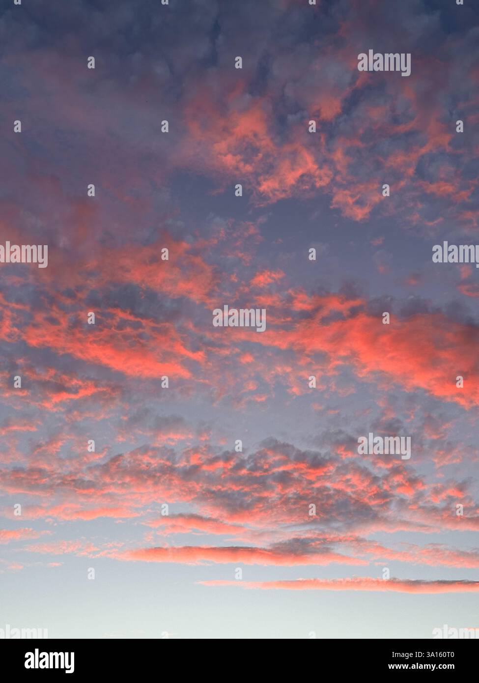 Un bellissimo cielo rosa e blu con nuvole. Il cielo è un mix di colori, con il cielo blu che è il colore dominante. Le nuvole sono sparse ovunque Foto Stock
