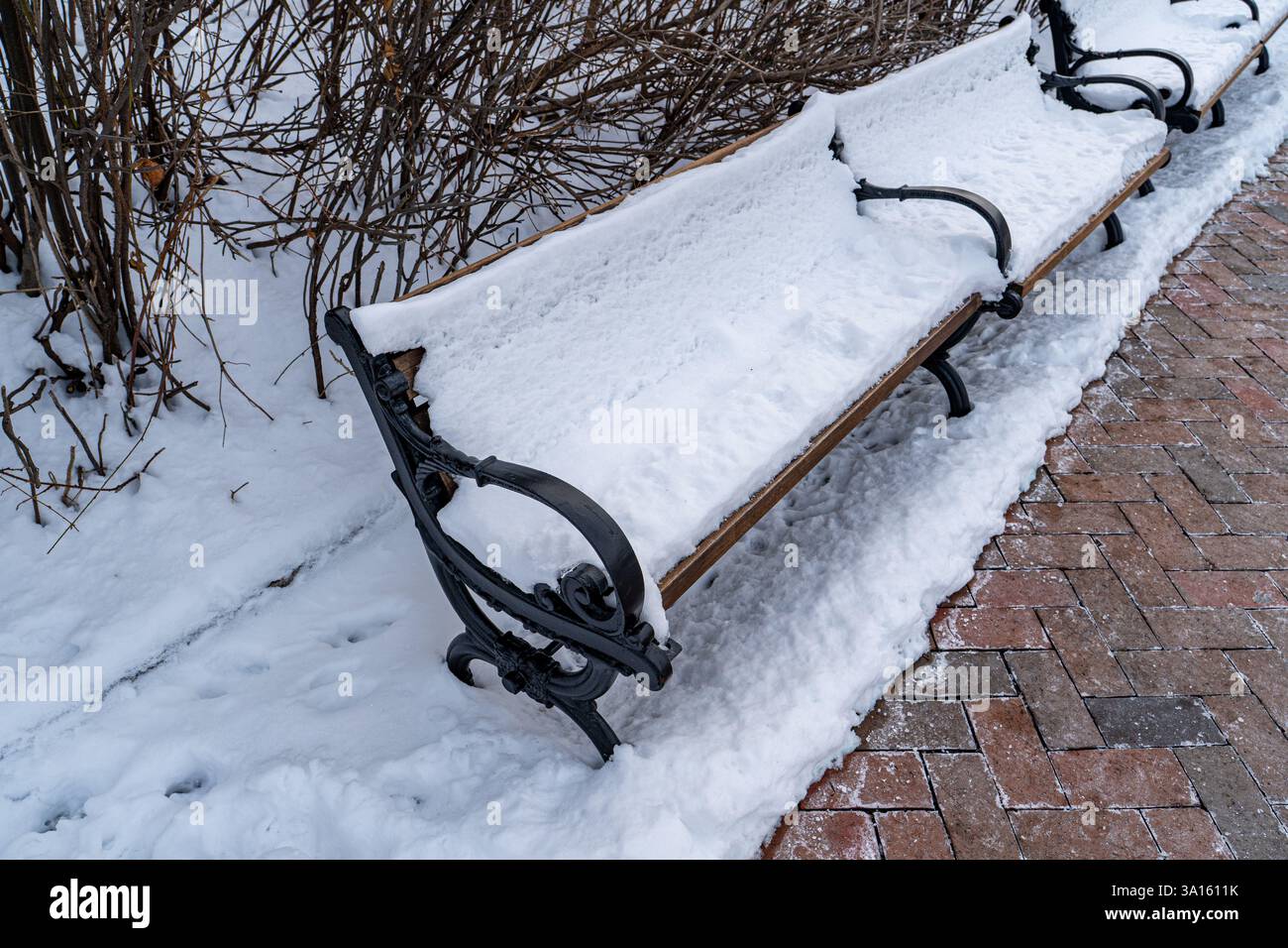 Panche del parco coperte di neve durante l'inverno a Boston, Massachusetts Foto Stock