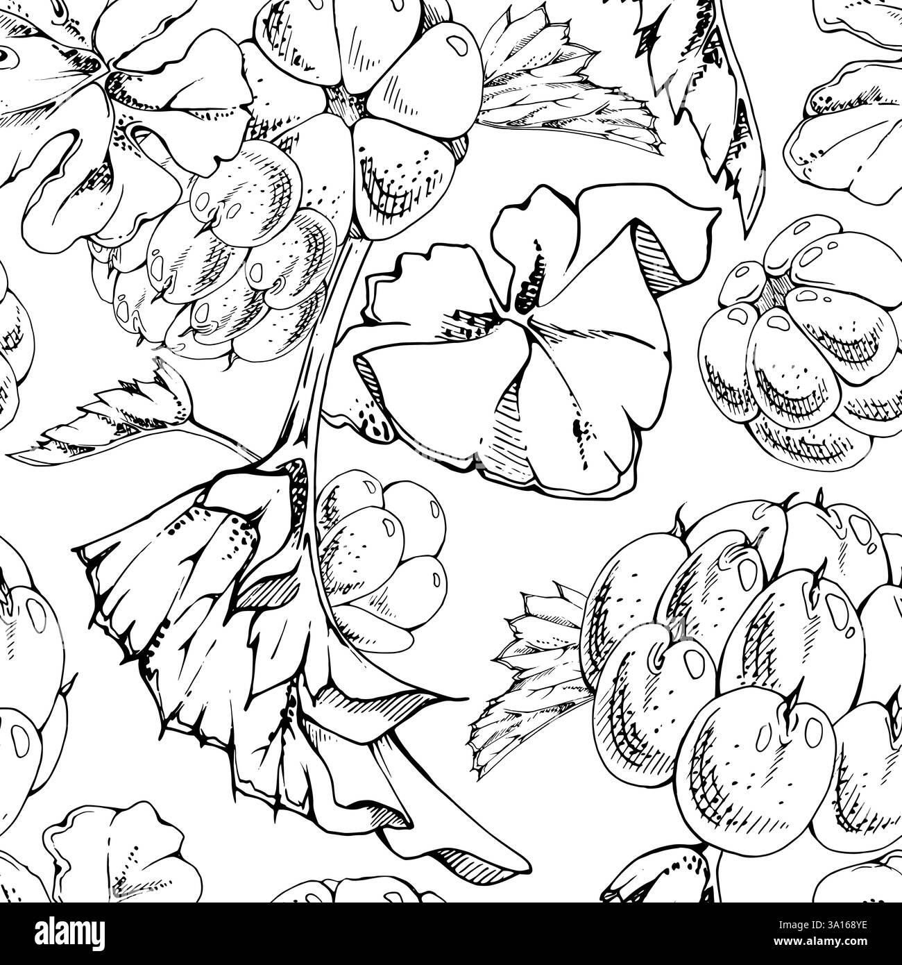Lampone di fragola con foglie brune di piante, inchiostro vettoriale disegnato a mano, bacca di bosco matura sui gambi. Illustrazione della tessera senza cuciture, per Illustrazione Vettoriale