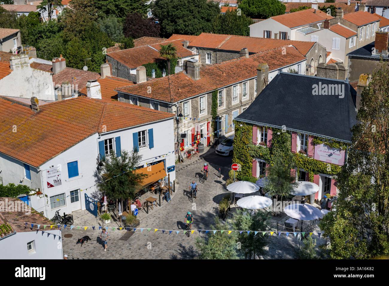 Francia, Vandea, isola di Noirmoutier, Noirmoutier en l'Ile, il quartiere ai piedi del castello medievale Foto Stock