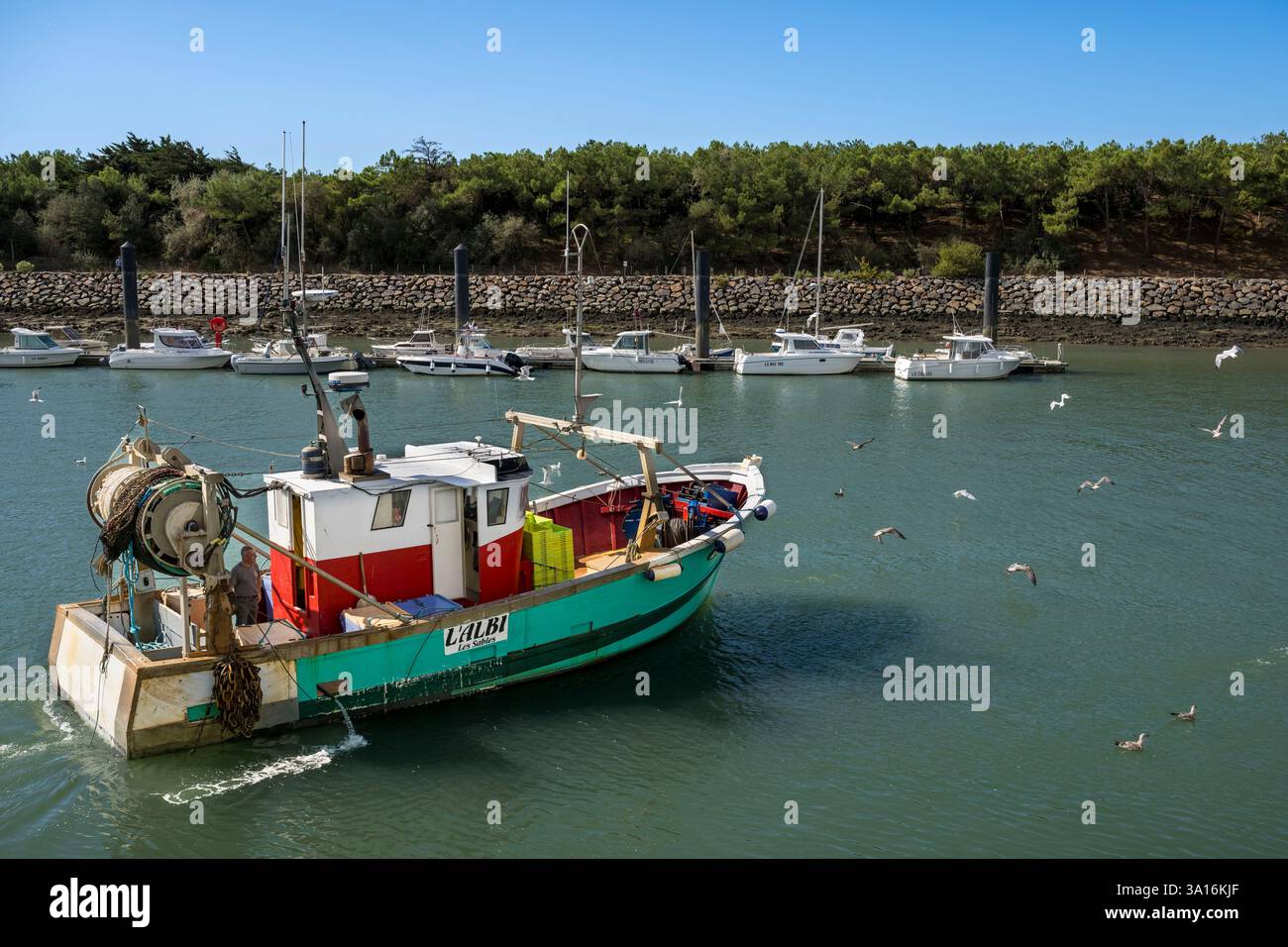 Francia, Vandea, Saint Gilles Croix de vie, barca che lascia il porto dei pescatori Foto Stock
