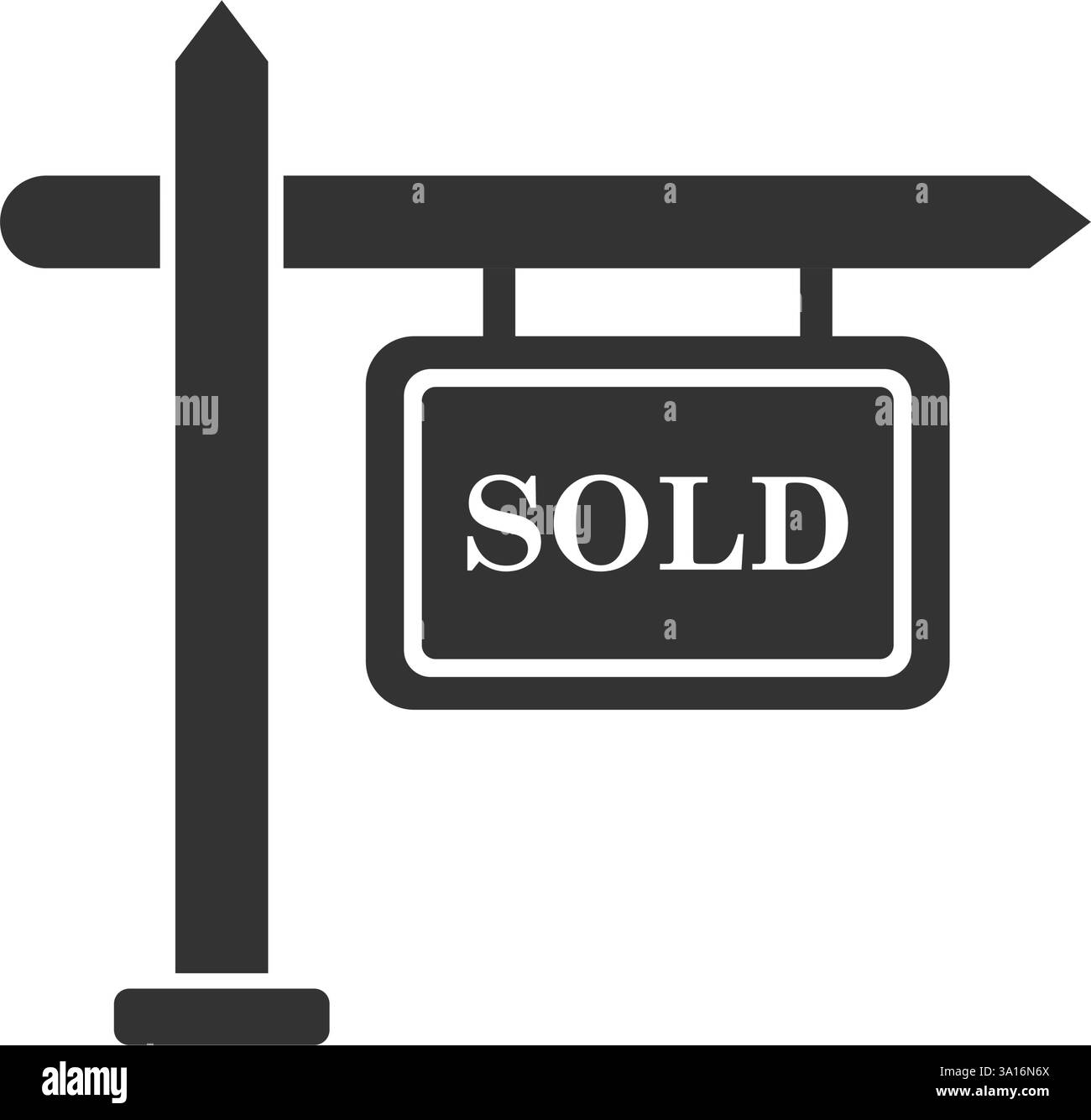 Icona banner immobiliare in stile piatto. Illustrazione del vettore dell'etichetta di vendita su sfondo isolato. Concetto aziendale di cartellonistica venduta. Illustrazione Vettoriale