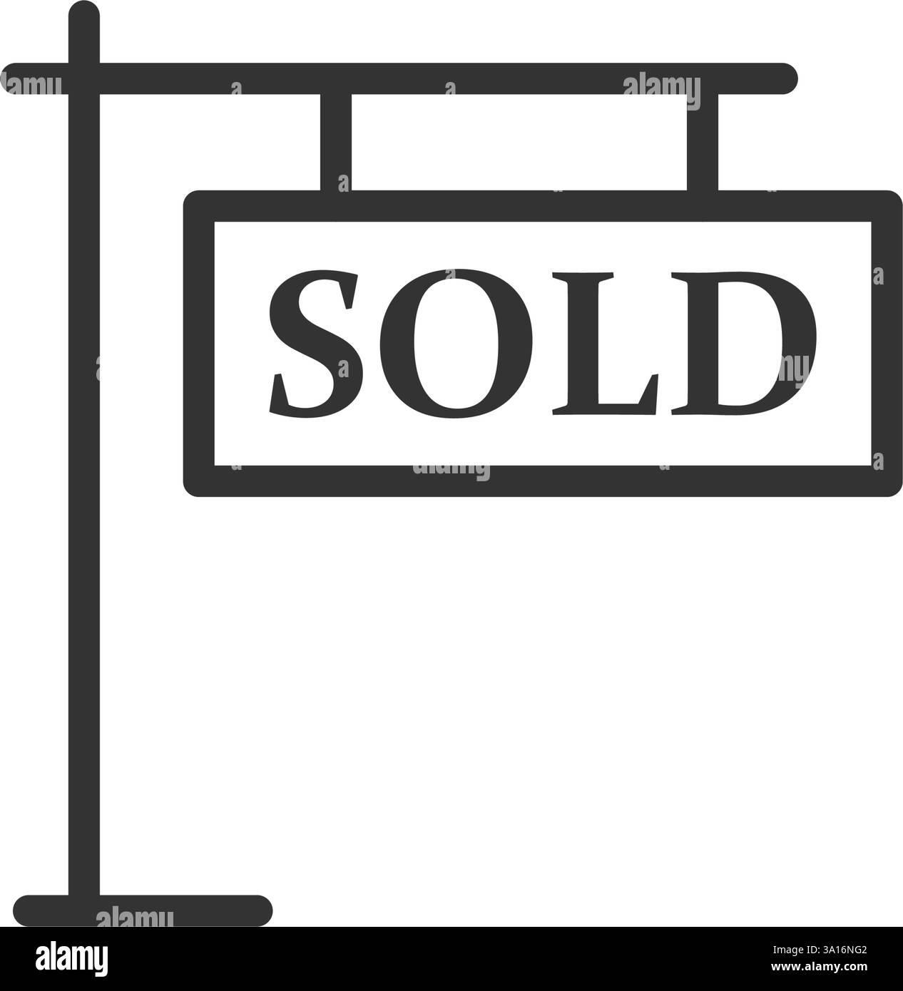 Icona banner immobiliare in stile piatto. Illustrazione del vettore dell'etichetta di vendita su sfondo isolato. Concetto aziendale di cartellonistica venduta. Illustrazione Vettoriale