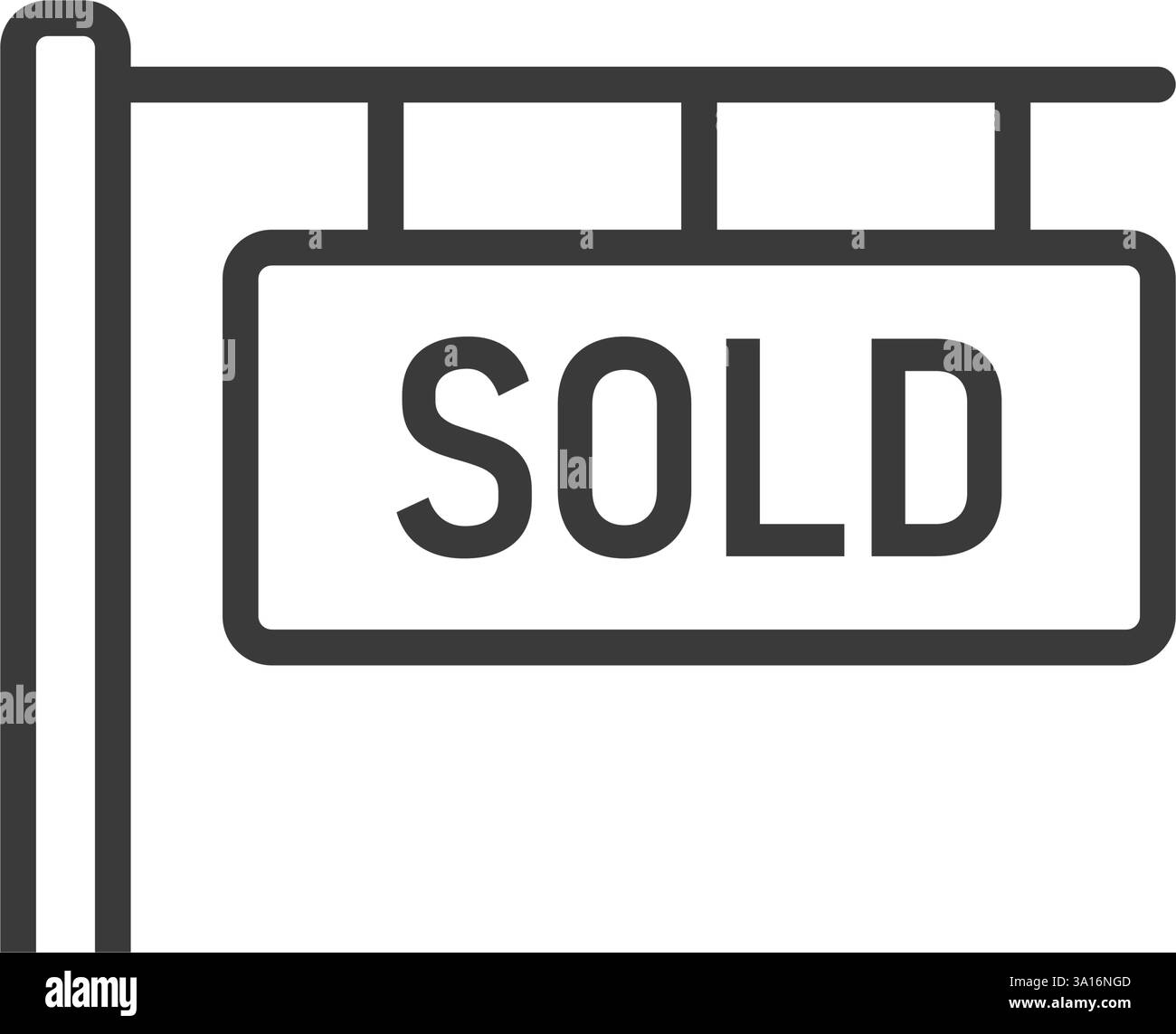 Icona banner immobiliare in stile piatto. Illustrazione del vettore dell'etichetta di vendita su sfondo isolato. Concetto aziendale di cartellonistica venduta. Illustrazione Vettoriale