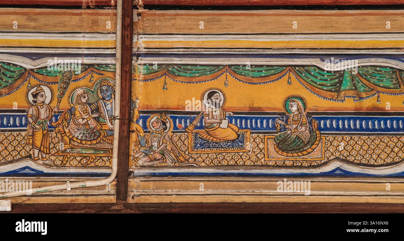 Decorazioni di affreschi sul muro del tempio Hanuman a Jaipur, India. Sono dipinti motivi religiosi della vita di Hanuman. Divinità simile a una scimmia, figlio di Dio del vento Foto Stock