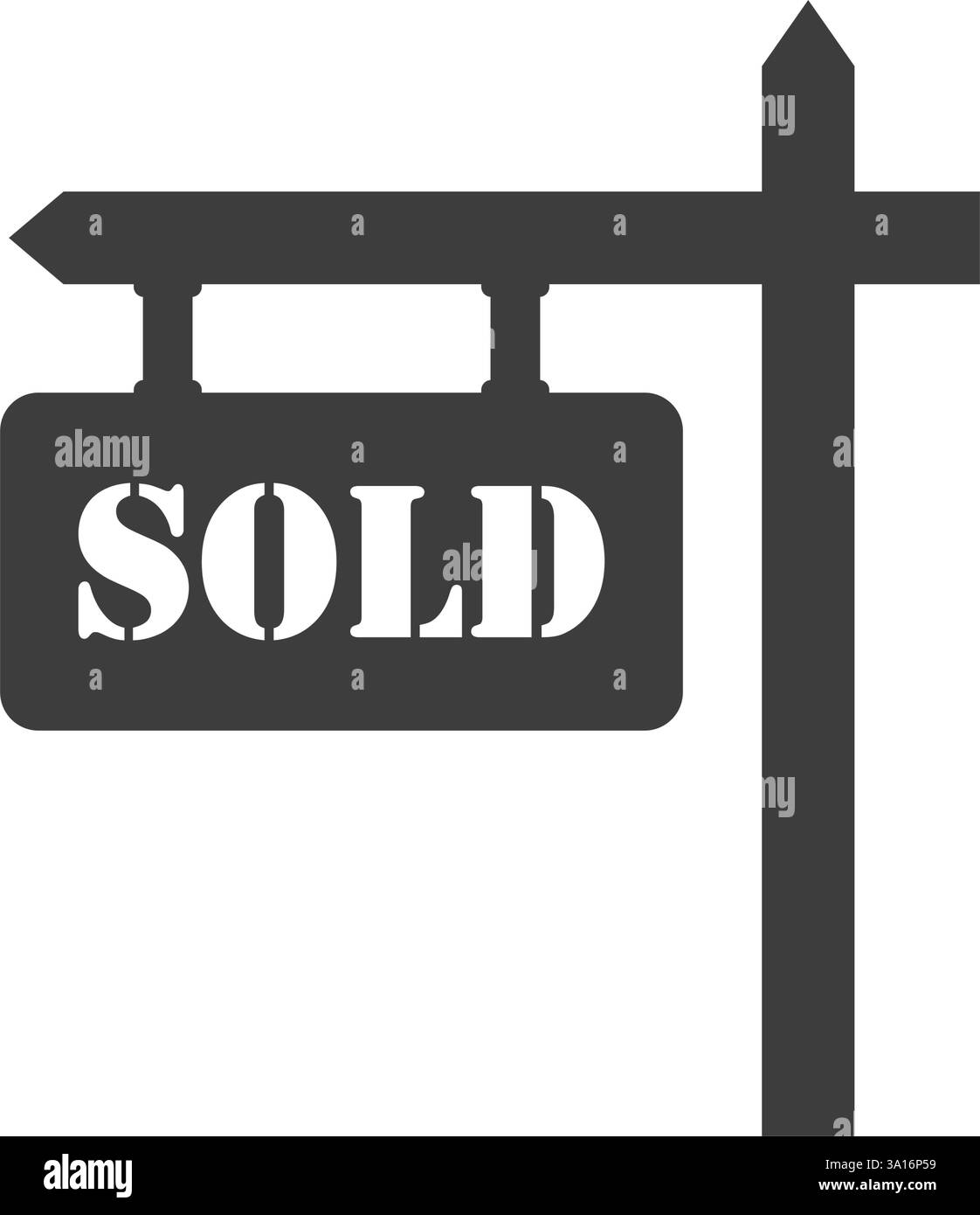 Icona banner immobiliare in stile piatto. Illustrazione del vettore dell'etichetta di vendita su sfondo isolato. Concetto aziendale di cartellonistica venduta. Illustrazione Vettoriale