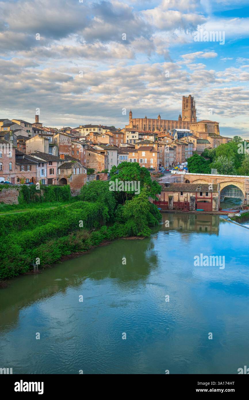 Francia, Tarn, Albi, città episcopale di Albi, patrimonio dell'umanità dell'UNESCO, le rive del fiume Tarn e la cattedrale di Sainte Cecile Foto Stock